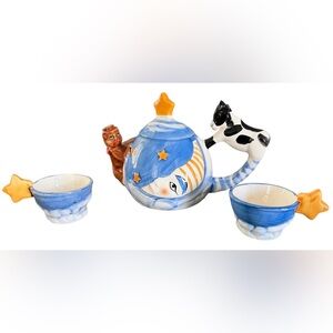 Vintage Storybook HEY DIDDLE DIDDLE Hand Painted Ceramic Tea Set Cat Cow Moon